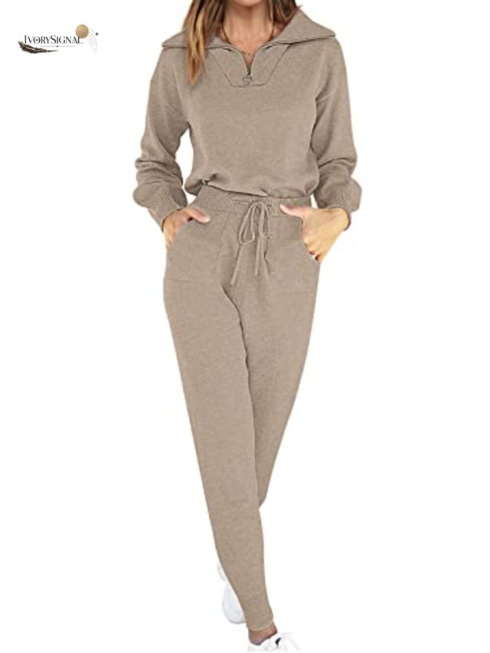 Women's 2 Piece Sweater Lounge Set Travel Fall Jogger Outfit Zip Up